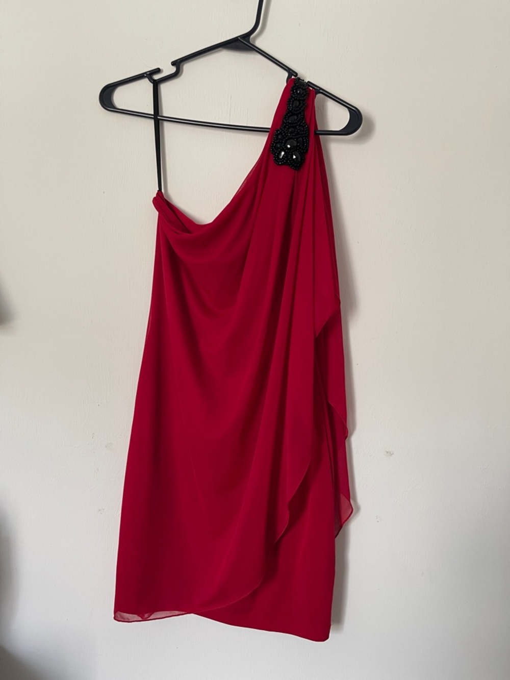 Sweet Storm One-Shoulder Red Dress with Black Beaded Accent